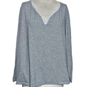 Grey Striped Casual V Neck Long Sleeve Top Size Medium